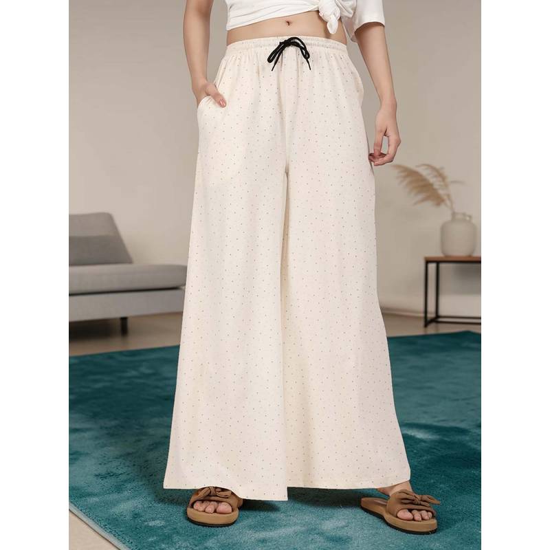 Kryptic Women Cotton Baggy Fit Printed Lounge Pant With Side Pocket Off White (M)