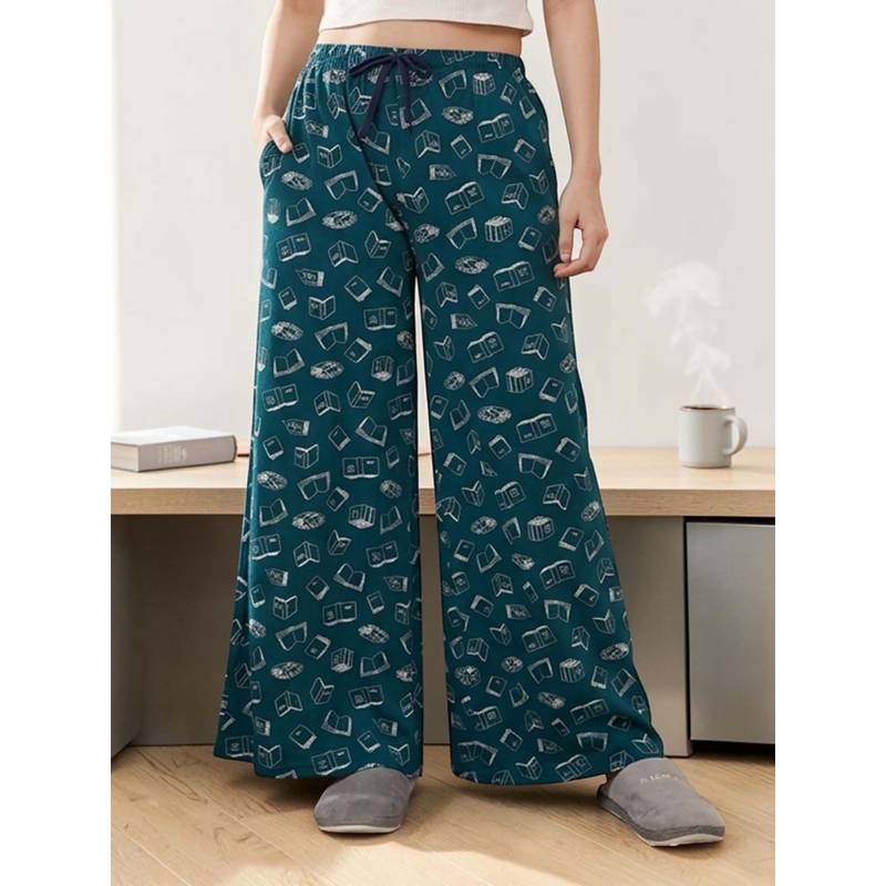 Kryptic Women Cotton Baggy Fit Printed Lounge Pant With Side Pocket Teal (M)