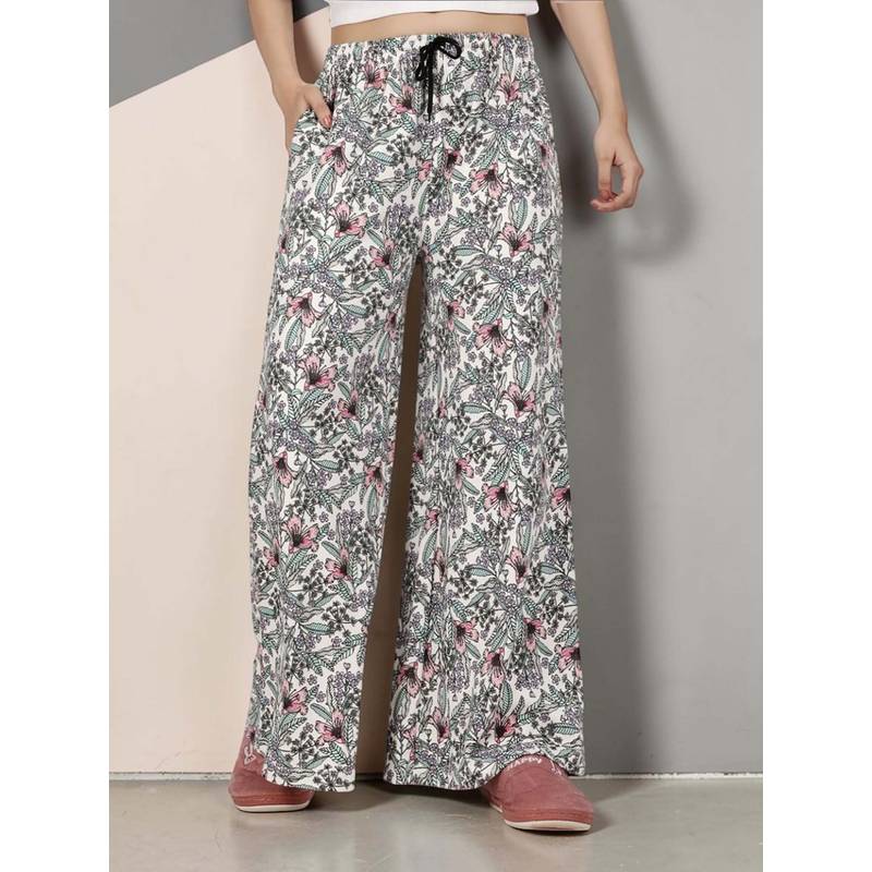 Kryptic Women Cotton Baggy Fit Printed Lounge Pant With Side Pocket Off White (M)