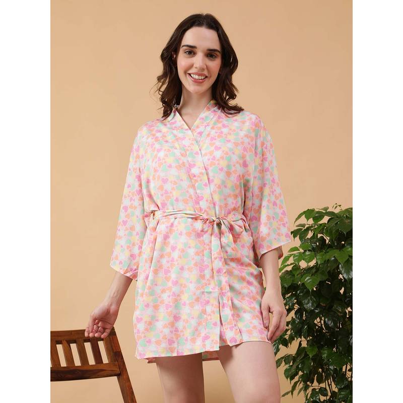 Oxolloxo Women Multicolor V-Neck Long Sleeve Tie-Up Detail Nightwear Shrug (XL)