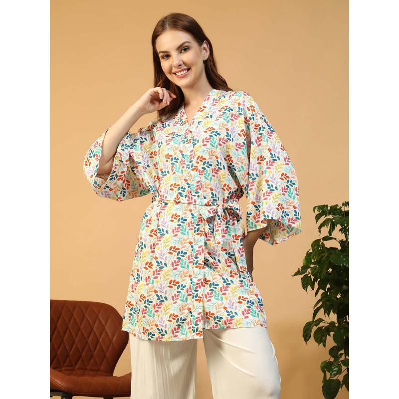 Oxolloxo Women Multicolor Floral Print V-Neck Tie-Up Detail Nightwear Shrug (XL)