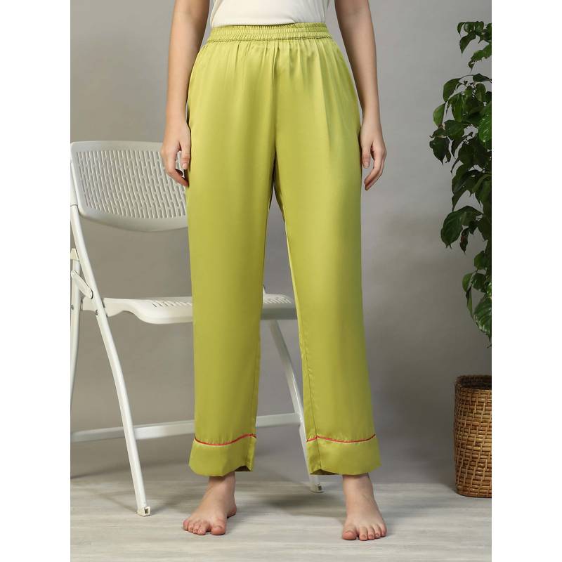 Oxolloxo Women Solid Green Elasticated Satin Nightwear Pyjama (S)