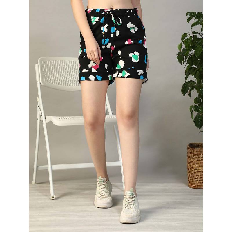 Oxolloxo Women Black Abstract Print Elasticated Shorts With Side Pockets (S)