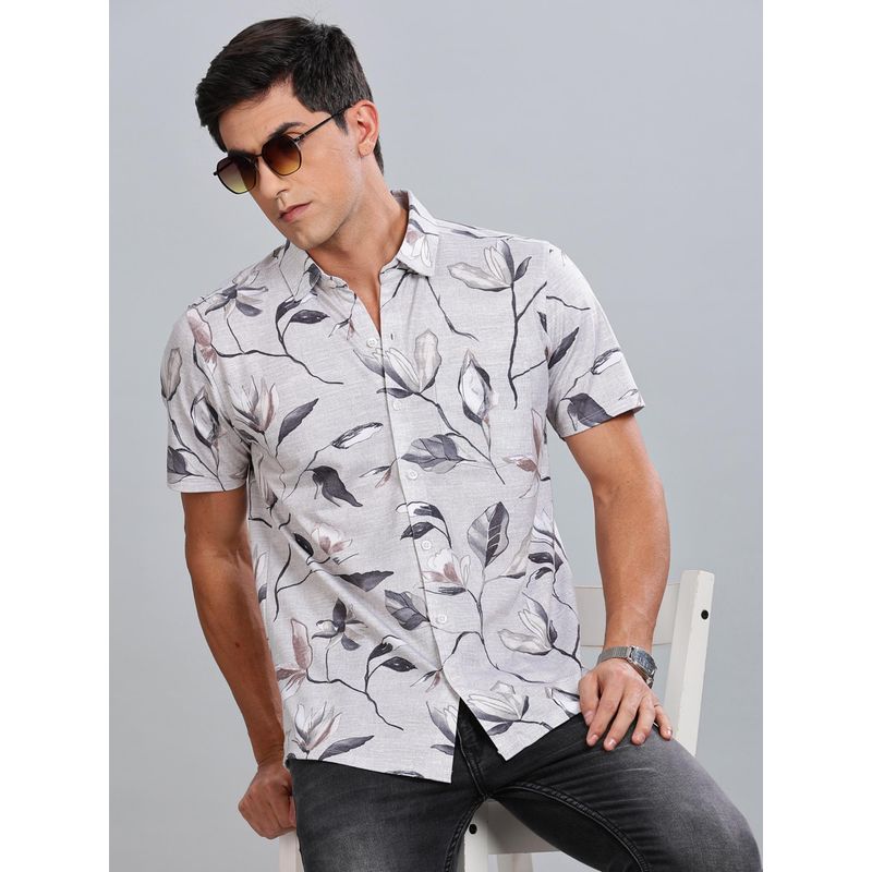 BULLMER Beige Trendy Regular Fit Printed Causal Half Sleeve Shirt for Men (L)