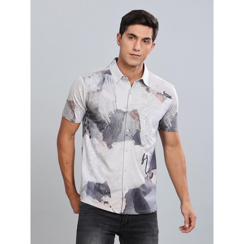 BULLMER Beige Trendy Regular Fit Printed Causal Half Sleeve Shirt for Men (L)