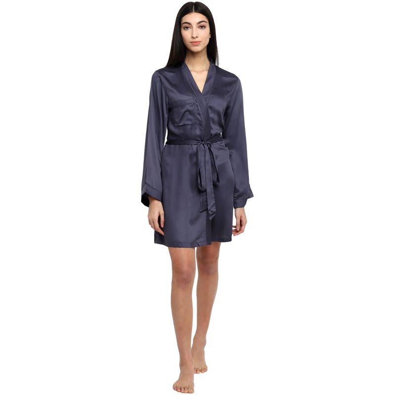Shopbloom Premium Dark Grey Modal Satin Robe with Tie | Nightwear | Lounge Wear - Grey (S)