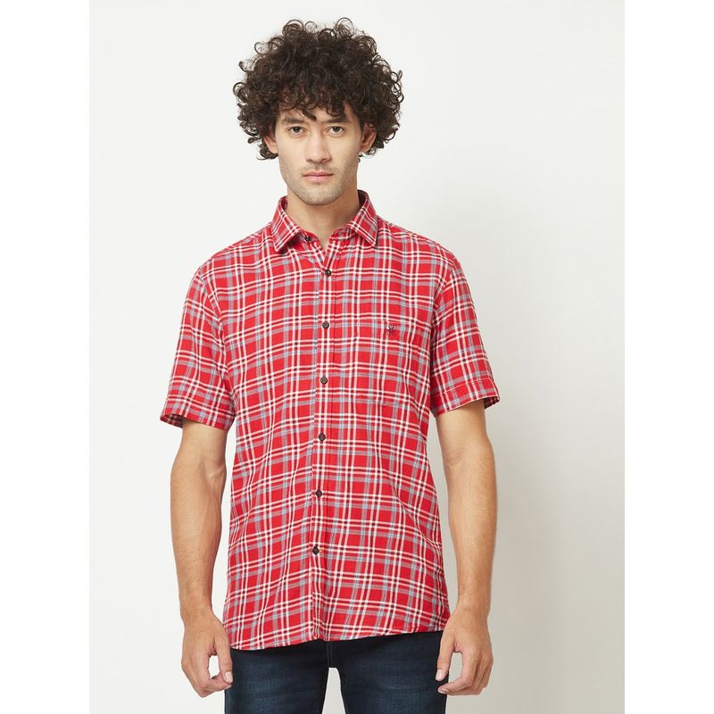 CRIMSOUNE CLUB Men Red Short-Sleeved Flannel Shirt (S)