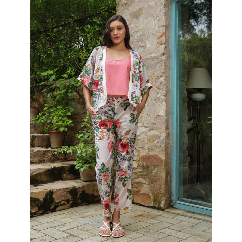 SAY White Floral Pure Cotton Top with Jacket & Pant (Set of 3) (S)