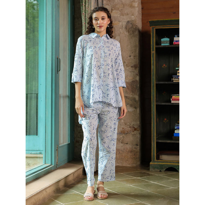 Women Blue Floral Lounge Shirt With Pants