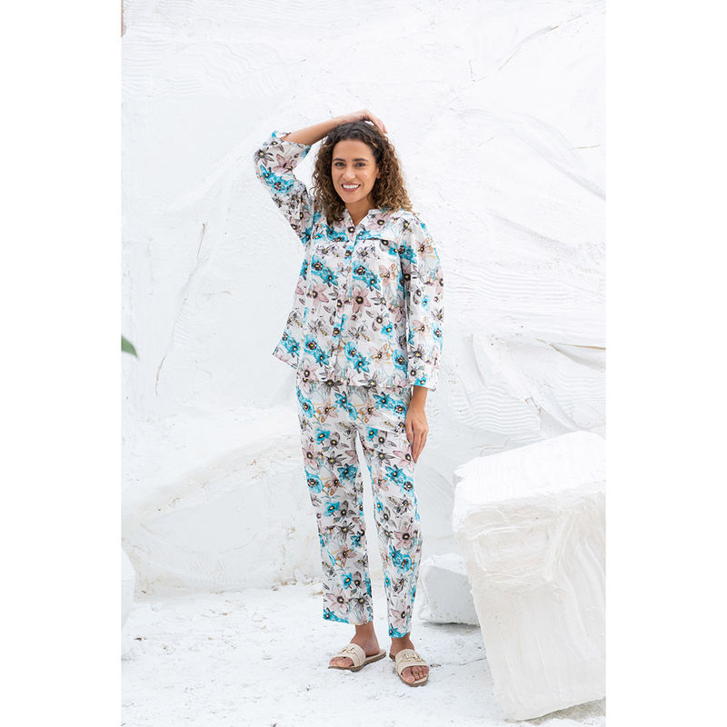SAY White Floral Printed Shirt with Pant (Set of 2) (S)