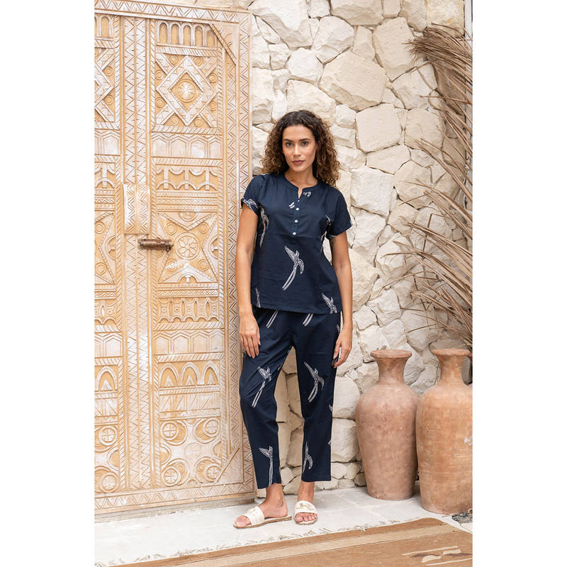 SANSKRUTIHOMES Navy Blue Printed Pure Cotton Top with Pant (Set of 2) (S)