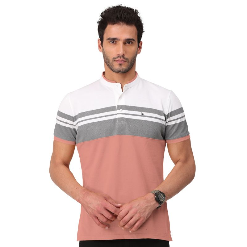 BULLMER Mens Cotton Color Block T-Shirt-Pink, Multi-Color (S)