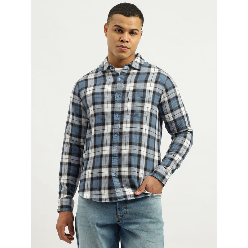 United Colors of Benetton Blue Regular Fit Spread Collar Neck Tartan Checks Shirt (XL)