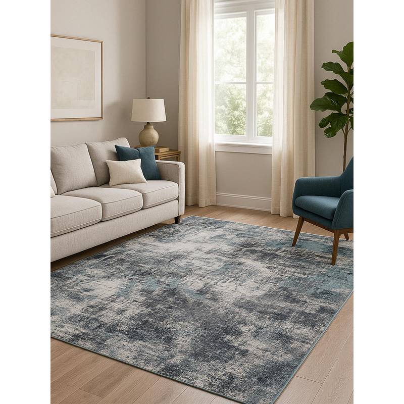 OBSESSIONS Carpet Abstract Pattern Cotton Backing - Blue & Cream (4x6 feet)