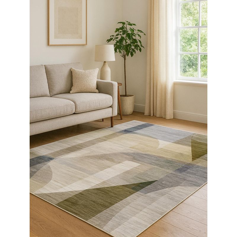 OBSESSIONS Carpet Abstract Pattern Cotton Backing - Olive & Blue (5x7 feet)