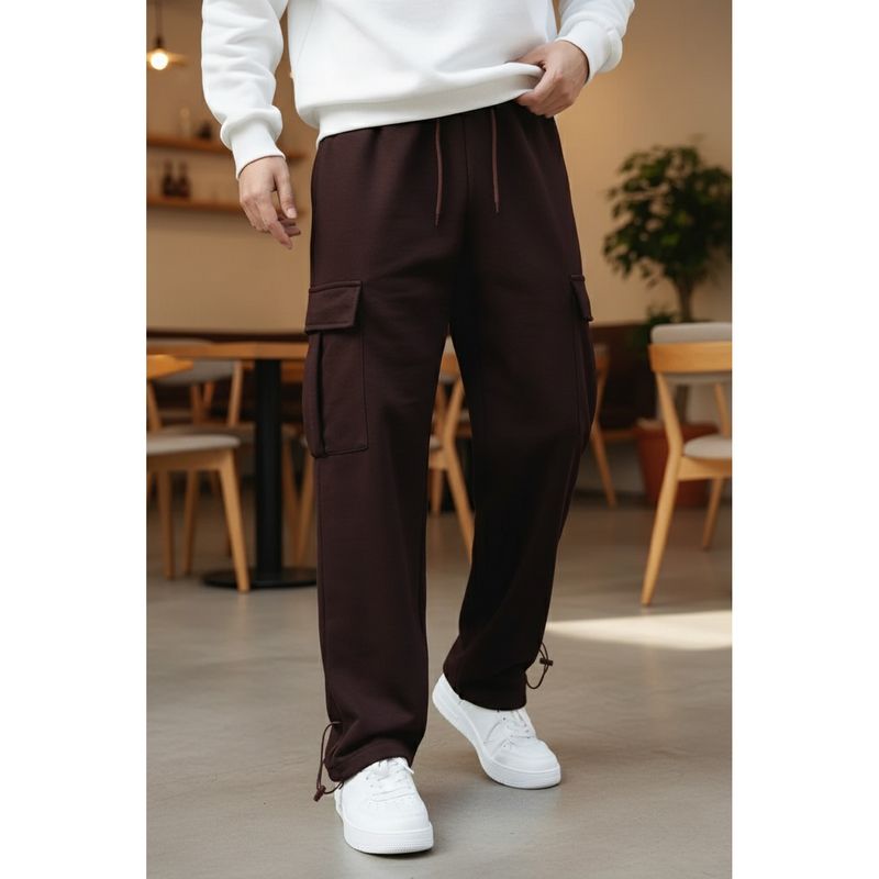 Nobero Brown Loose Mid Rise Oversized Cargo Utility Joggers (3XL)