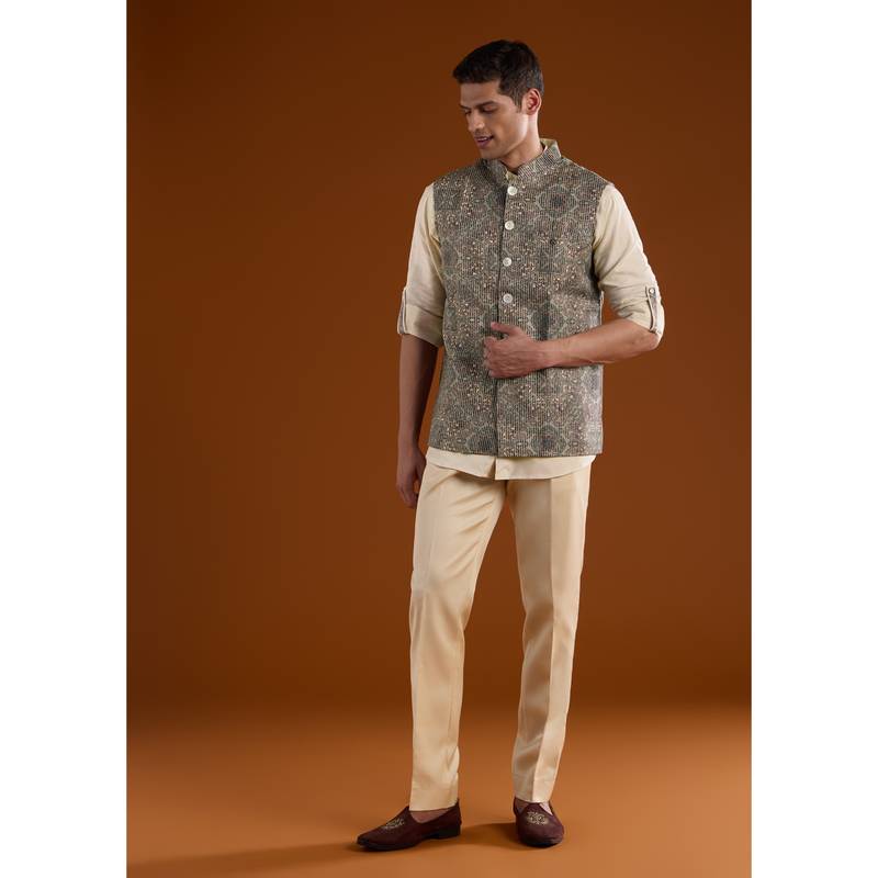 KALKI FASHION Men Olive Silk Blend Mandarin Neck Jacket with Shirt (XL)