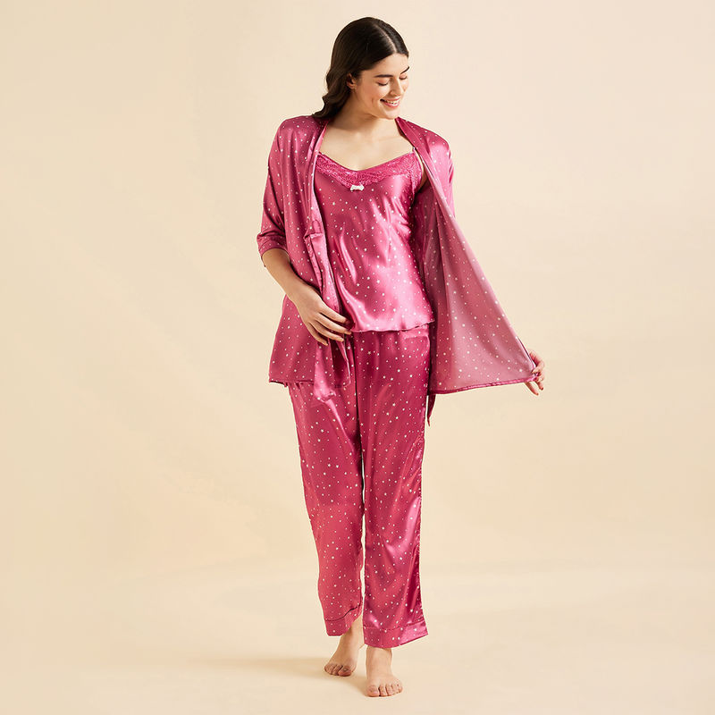 Sweet Dreams Women Printed 3 Piece Pyjama Set - Pink (Set of 3) (XL)