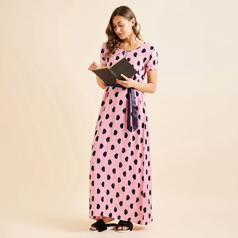 Sweet Dreams Women Printed Half Sleeves Night Gown - Pink (S)
