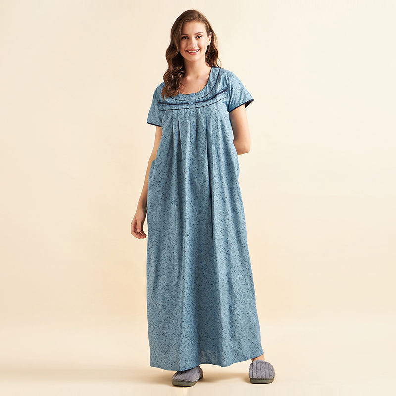 Sweet Dreams Women Cotton Printed Night Gown - Blue (L)
