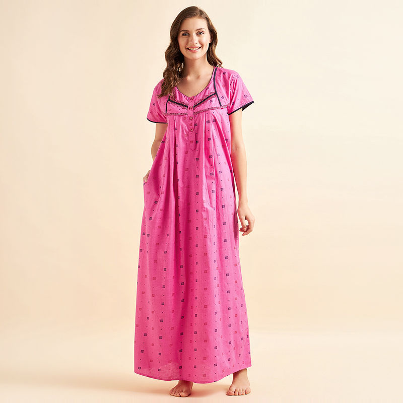 Sweet Dreams Women Cotton Printed Night Gown - Pink (L)