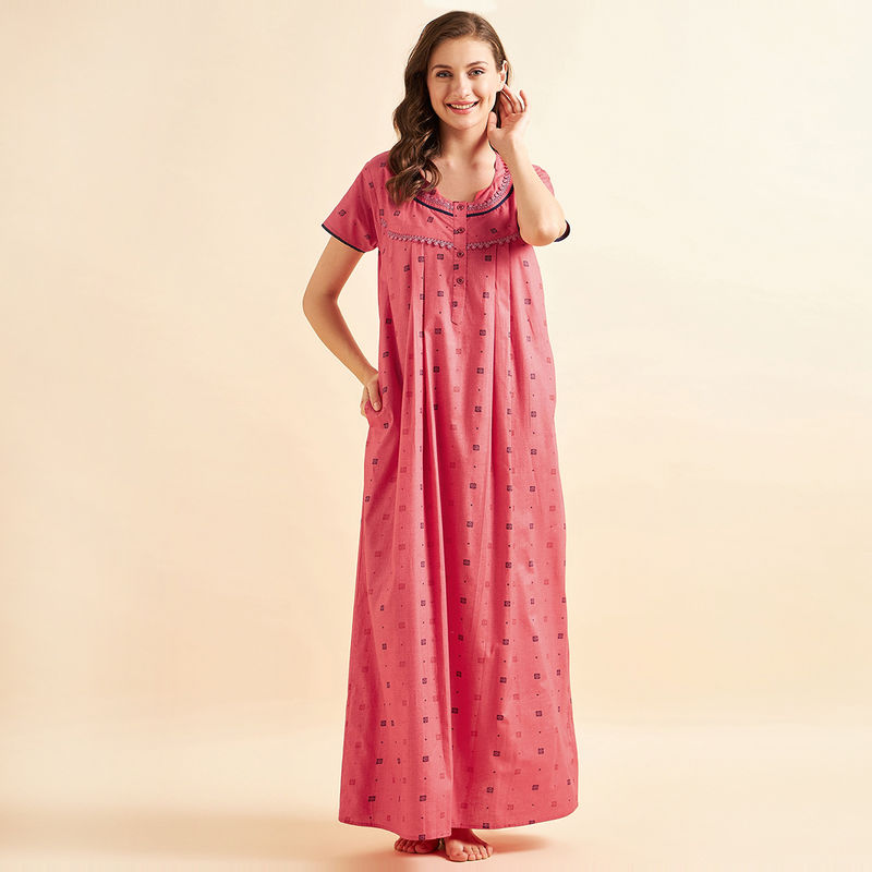 Sweet Dreams Women Cotton Printed Night Gown - Pink (M)
