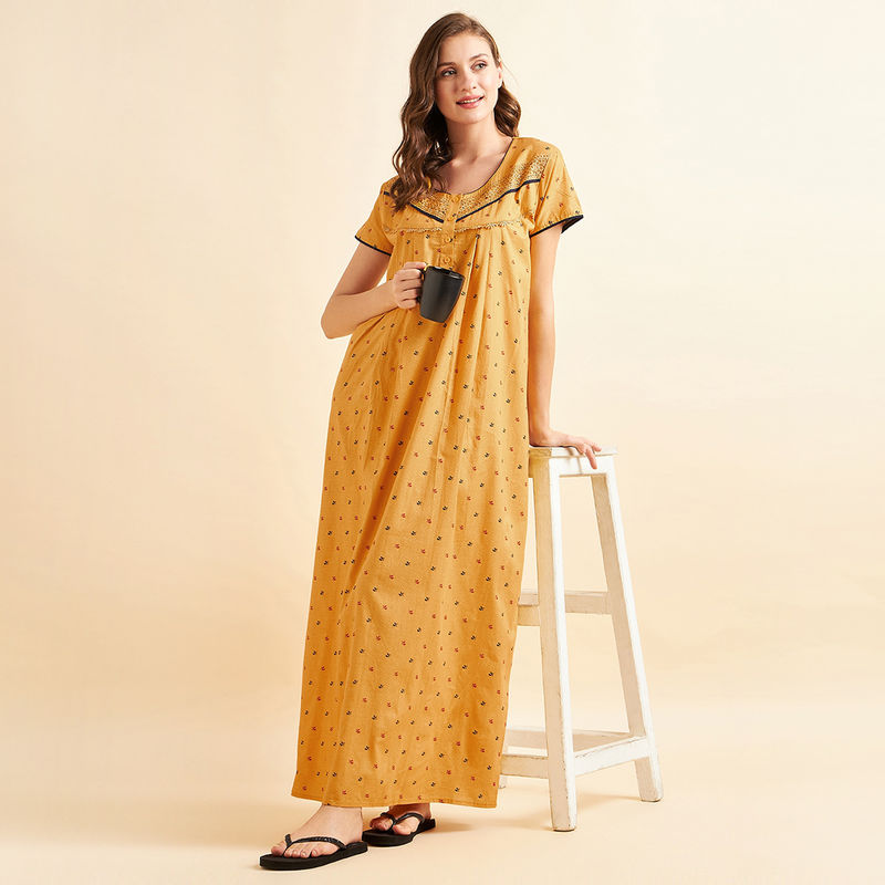 Sweet Dreams Women Cotton Printed Night Gown - Yellow (XL)