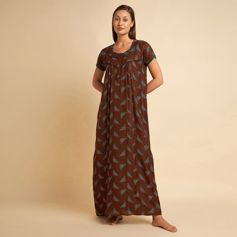 Sweet Dreams Women Printed Half Sleeves Maxi Nightdress - Brown (2XL)