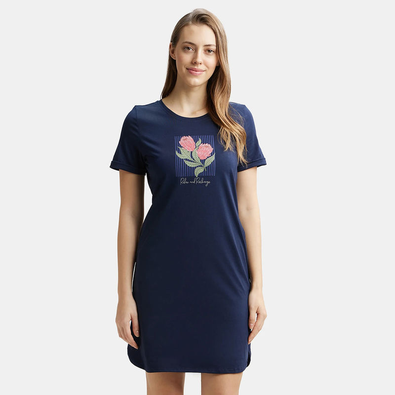 Jockey RX44 Women Super Combed Cotton Half Sleeve Printed Sleep Dress - Navy Blazer (M)