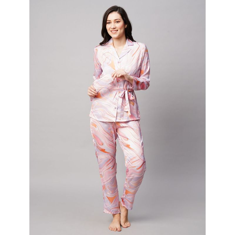 Drape In Vogue Womens Peach Abstract Print Satin Night Suit (M)