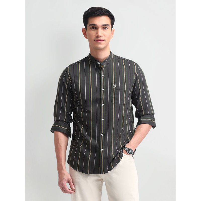 U.S. Polo Assn. Denim Co. Stripes Green Full Sleeves Mandarin Neck Shirt (S)