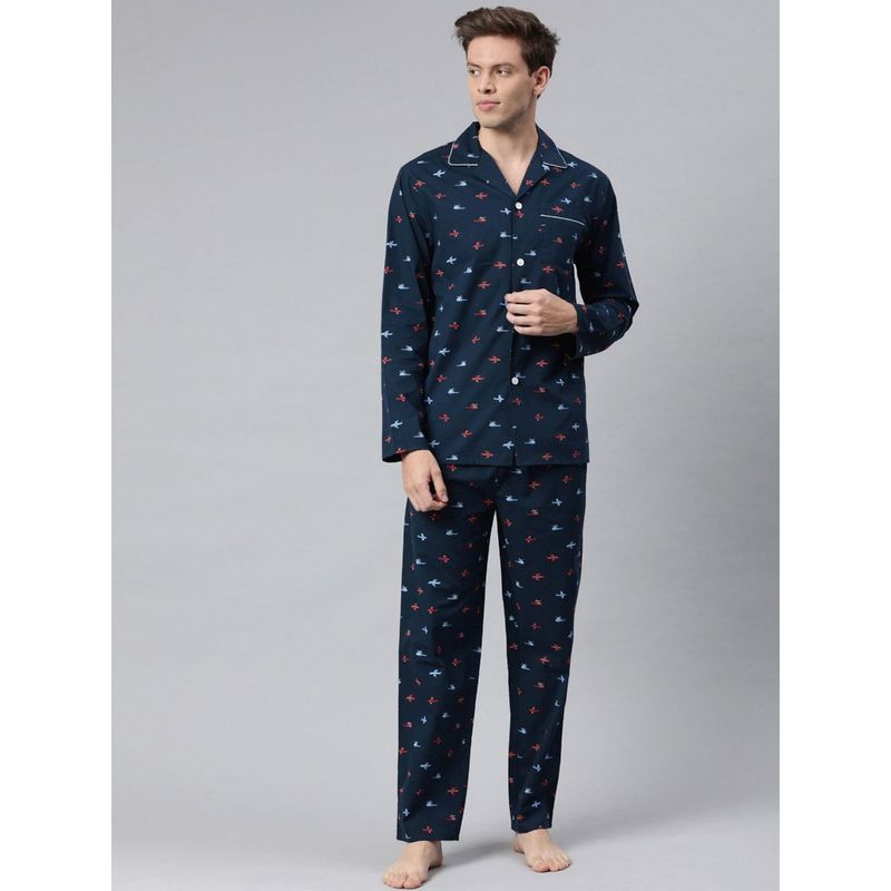 The Bear House Men Navy Blue Red Printed Night Suit