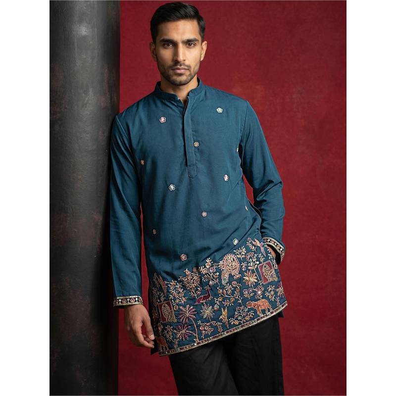 Jompers Teal Japanese Fabric Embroidered Kurta (L)