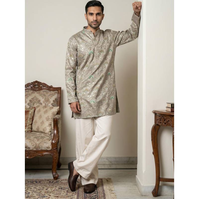 Jompers Grey Silk Blend Foil Print Kurta and Korean Pants (2XL)