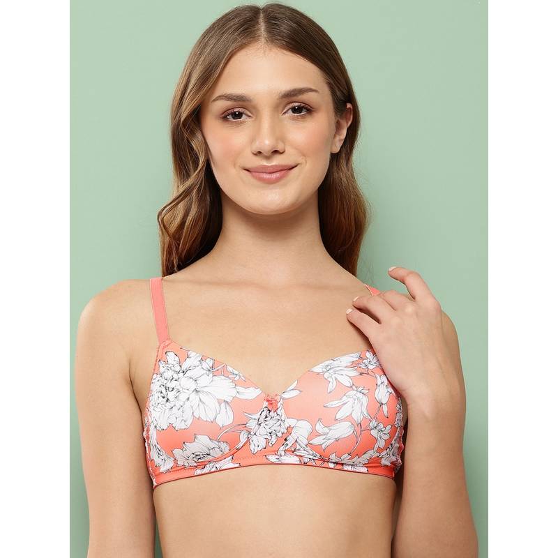 Leading Lady Womens Printed Lightly Padded Non Wired T-Shirt Bra Full Coverage Orange (32C)