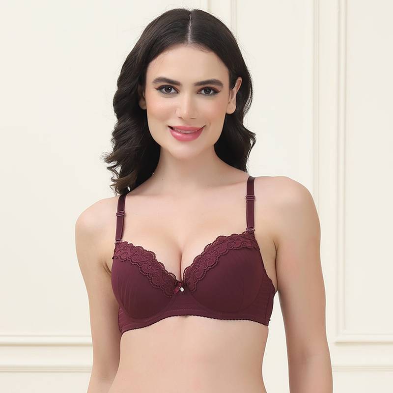 PrettyCat Underwire Lightly Padded T-Shirt Bra with Sexy Trim Lace Brown (32B)