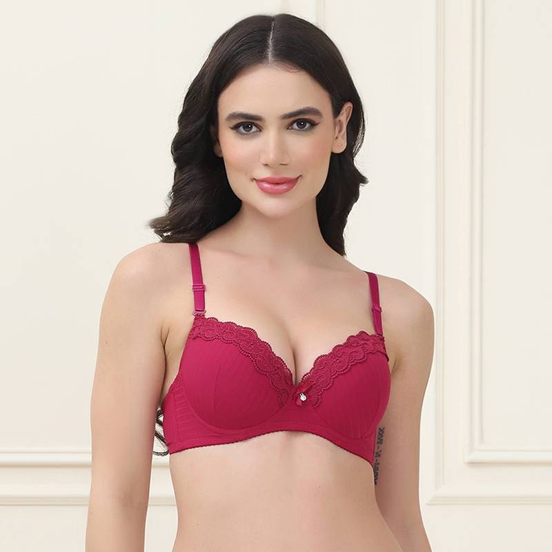 PrettyCat Underwire Lightly Padded T-Shirt Bra with Sexy Trim Lace Maroon (36B)