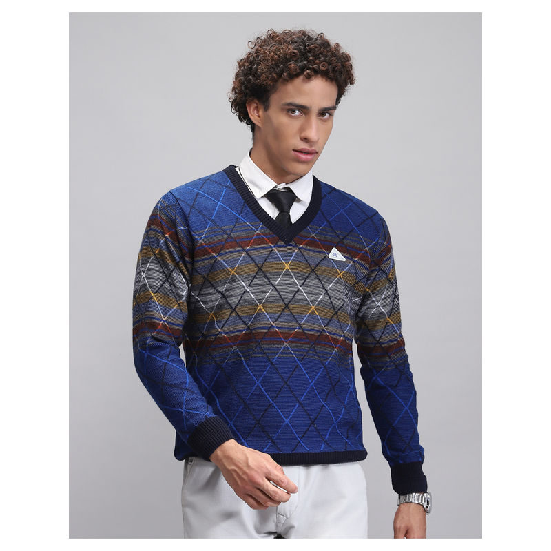 Monte Carlo Mens Checks Blue V Neck Full Sleeve Pull Over Sweaters (L)