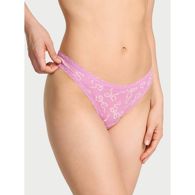 Victoria's Secret Womens Pink Lace Trim Cotton Lace Waist Thong (XL)