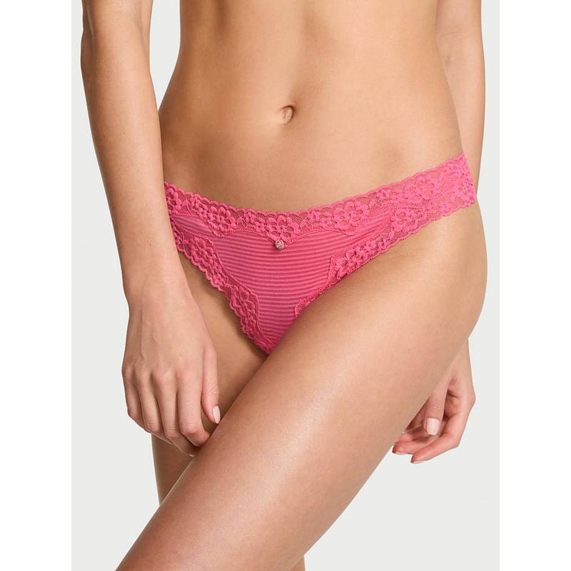 Victoria's Secret Lace Trim Cotton Shadow Stripe Lace Waist Thong Panty (XL)
