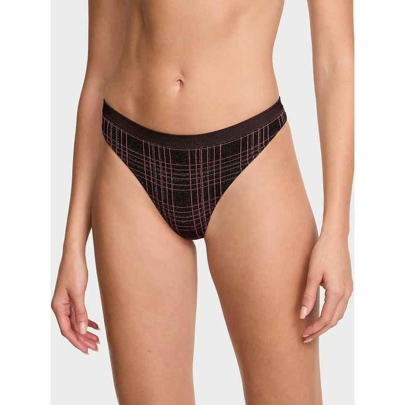 Victoria's Secret Black Seamless Shimmer Plaid Thong Panty (M)