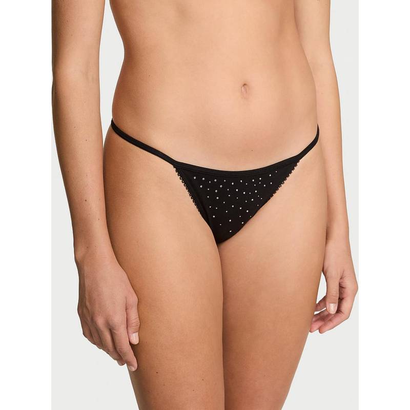 Victoria's Secret Black Stretch Cotton Sparkle V String Thong (XL)