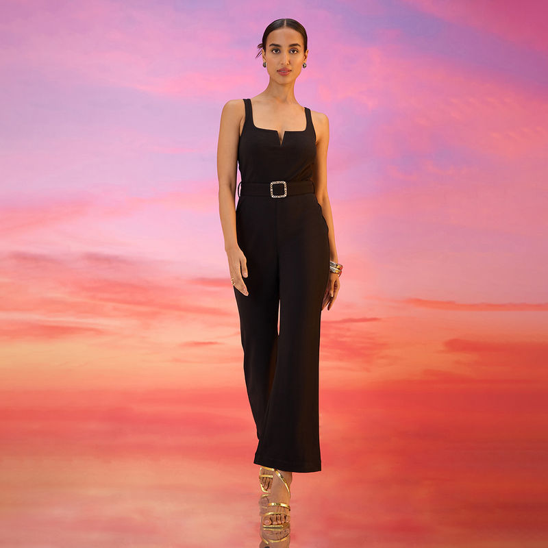 RSVP by Nykaa Fashion Black Textured Sleeveless Jumpsuit (Set of 2) (XS)