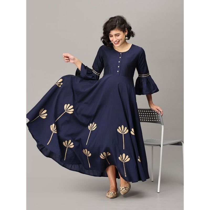 The Mom Store Navy Flared Floral Gold Foil Print Maternity and Feeding Dress (Set of 2) (M)