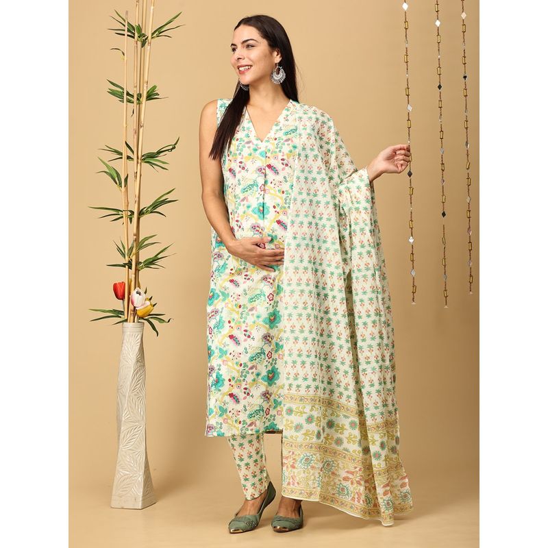 The Mom Store Aabha Maternity and Nursing Sleeveless Kurta with Pant and Dupatta (Set of 3) (S)