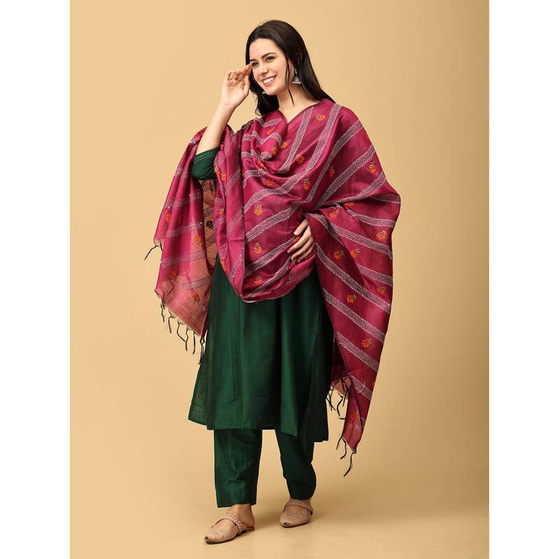 The Mom Store Eden Green Maternity and Nursing Silk Kurta with Pant and Dupatta (Set of 3) (M)