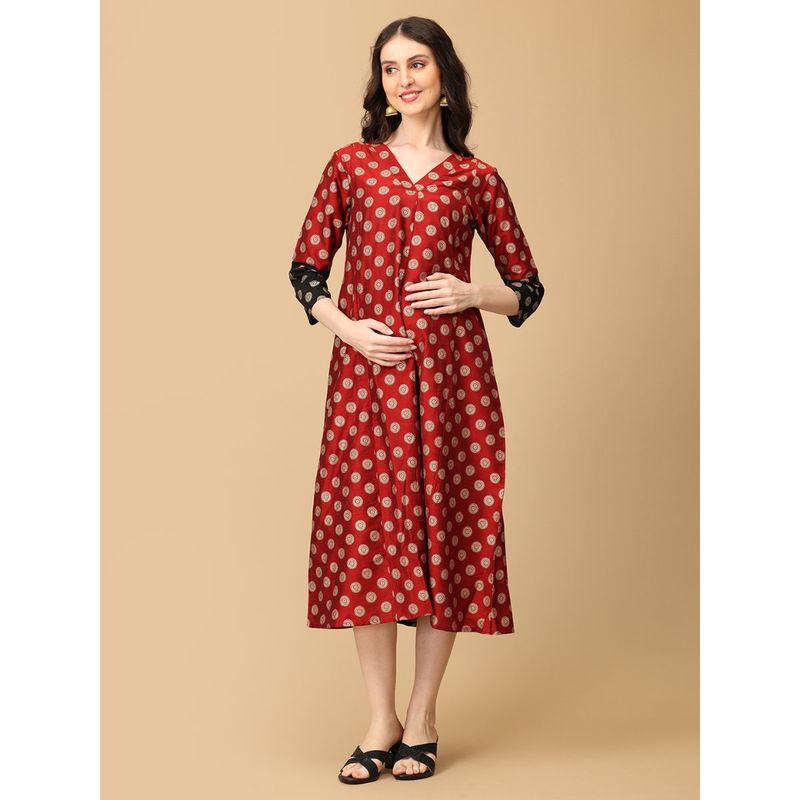 The Mom Store Laal-E-Nazakat Silk Foil Printed Maternity and Nursing Dress (Set of 2) (S)