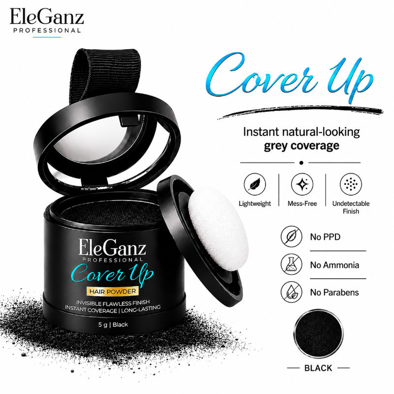 Eleganz Professional Cover-Up Hair Powder-Black, Cover Grey Roots & Bald Spots, Fuller & Denser Hair