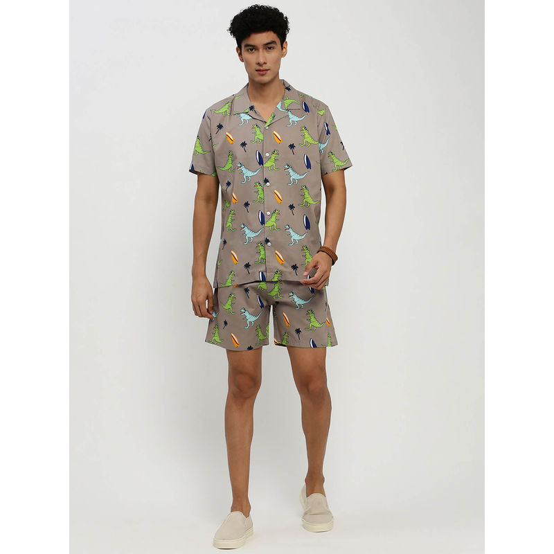 SHOWOFF Mens Short Sleeves Printed Grey Cuban Collar Co-Ord (Set of 2) (M)