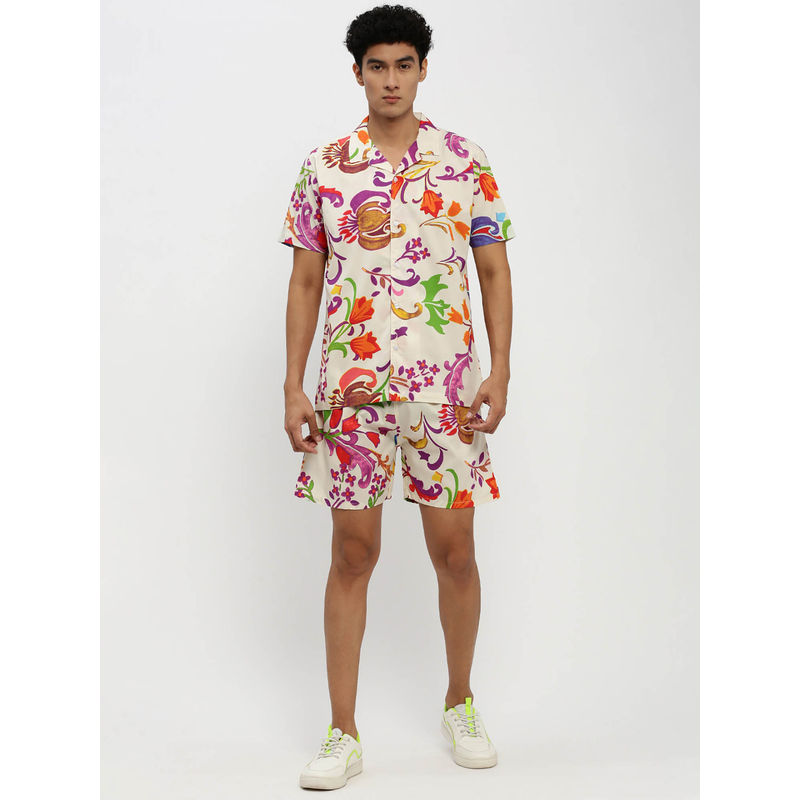 SHOWOFF Mens Short Sleeves Printed Cream Cuban Collar Co-Ord (Set of 2) (M)